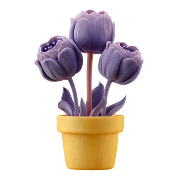 Decorative 3D clay style purple tulip flowers displayed in a minimalist yellow ceramic pot a floral design element for home or studio decor