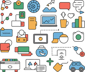 Aufkleber - Illustration of various business and technology icons on a light gray background