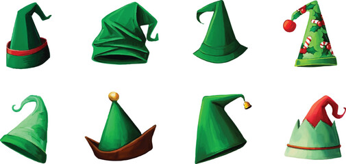 Poster - Eight Green Elf Hats Digital Painting Set Isolated on White Background P N G Transparent Cutout Clipping Path Social Media Full H D Image Stock Picture Bundle New Latest Download 2025 2026