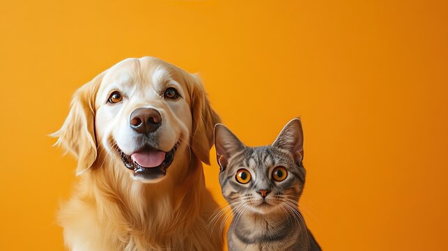 Dog and cat sitting next to each other on gradient orange background.