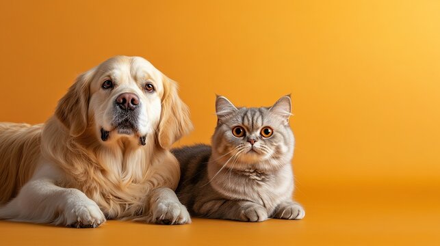 Dog and cat sitting next to each other on gradient orange background.