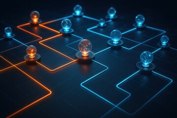 Fototapete - Illuminating the Digital Network: A striking visual of a network of glowing orbs and circuits. Illustrating the power of connectivity and technological innovation.