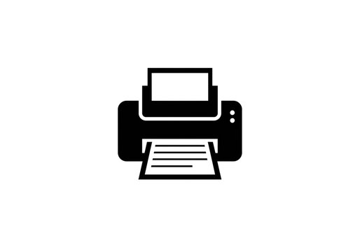 A black and white graphic illustration of a printer with paper coming out on a white background