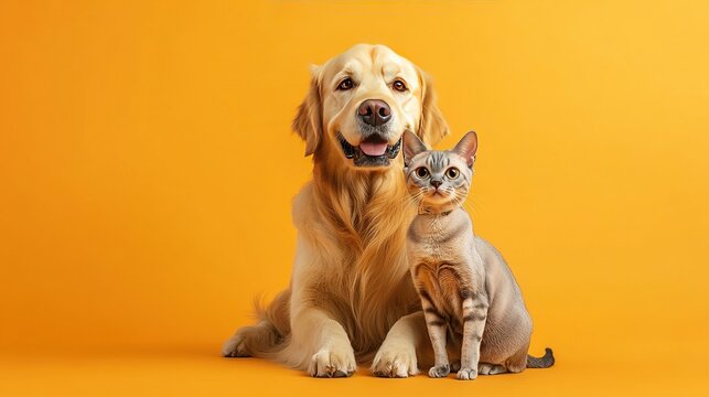 Dog and cat sitting next to each other on gradient orange background.