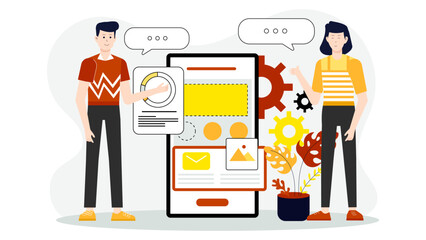 design team crafting mobile-first brand assets, flat vector illustration