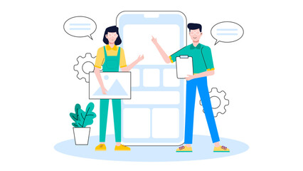 Design team crafting mobile-first brand assets, flat vector illustration