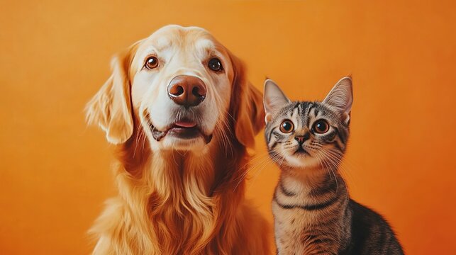 Dog and cat sitting next to each other on gradient orange background.