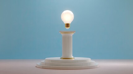 Poster - Illuminating Light Bulb on Classical Pedestal Against Blue Background