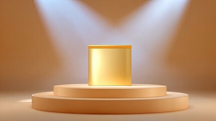 Poster - Golden Cube on Stage with Dramatic Lighting and Soft Background