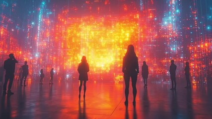 Poster - Digital Echo: The image presents a futuristic landscape of digital light amidst silhouettes of people standing and watching this surreal scene.