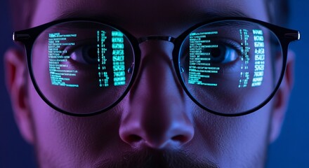 Man programmer coding hacker software developer data science cybersecurity glasses code reflection