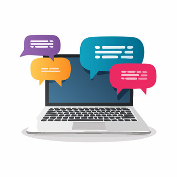 Trendy Halftone Collage Computer laptop with speech bubble messages. Social media communication.