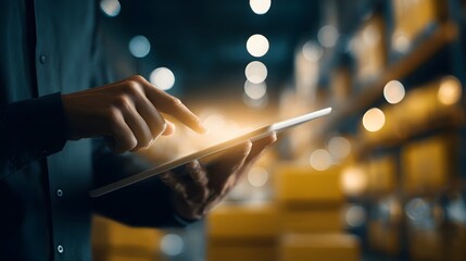 Poster - Hands using a tablet to monitor and manage shipping distribution and control processes in a contemporary technology driven logistics environment