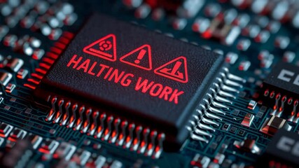 Poster - Import Tariff Effects on Electronic Technology Concepts. Close-Up of Microchip with 'HALTING WORK' Warning Icons Amid Escalating Trade Barriers and Hardware Disruption Risks.