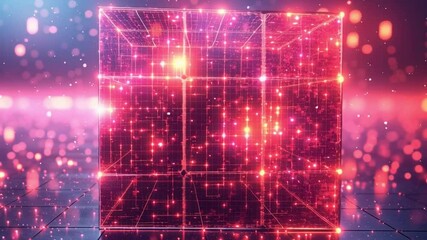 Poster - Neon Cube of Digital Data: A stunning depiction of a translucent cube, intricately detailed with lines of digital information and bathed in neon light, signifying the core of data and technology.