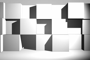 Poster - 3D render is showing white cubes forming geometric grid in minimalist studio casting sharp shadows