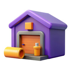 Aufkleber - 3d cartoon garage with orange roller door and yellow can isolated on transparent background