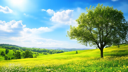 Wall Mural - green field and blue sky. field and clouds