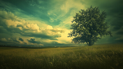 Wall Mural - green field and blue sky. field and clouds
