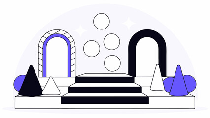Aufkleber - Geometric shapes on a platform with arches and circles in a minimalistic illustration style art created with generated ai