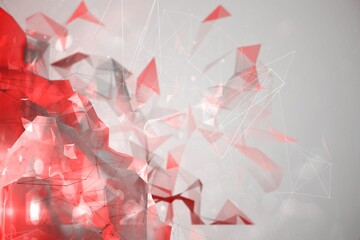Poster - Translucent red polygonal fragments are floating in abstract 3D render, with white network lines