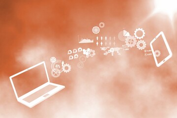 Poster - Digital data flow graphic is linking laptop, tablet with gear chart icons on orange cloud backdrop