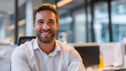 Poster - A well dressed smiling business professional sits at a desk in a modern office working intently on a laptop computer