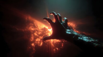 Poster - Dramatic image of a surreal disembodied hand emerging from a fiery chaotic burst of energy and power