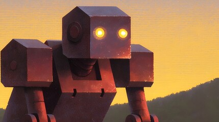 Poster - A surreal scene of three abstract geometric robot like forms standing in the foreground their silhouettes casting long shadows across the tranquil mountain landscape bathed in warm