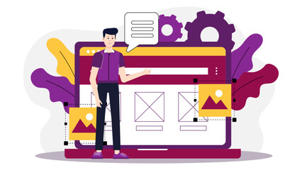 UX Designer Creating Low-Fidelity Wireframes, flat vector illustration