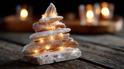 Wall Mural - Driftwood Christmas tree adorned with warm fairy lights on a rustic wooden table, creating a cozy and festive atmosphere.