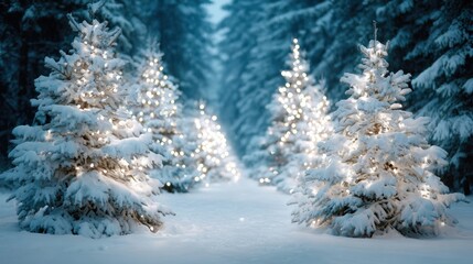 Wall Mural - Snow-covered Christmas trees adorned with glowing lights in a serene winter forest setting.