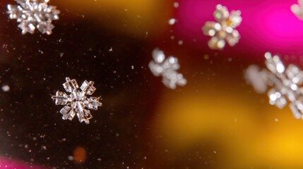 Sticker - Close-up of delicate snowflakes on a colorful blurred background, showcasing intricate patterns and a wintery atmosphere.