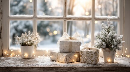 Wall Mural - Festive winter scene with wrapped gifts and snowy potted plants on a windowsill, adorned with string lights, against a blurred snowy outdoor backdrop.