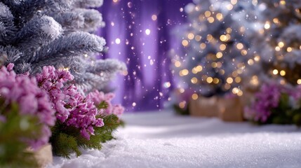 Wall Mural - Festive winter scene with snow-covered trees, pink flowers, and glowing bokeh lights on a purple background.