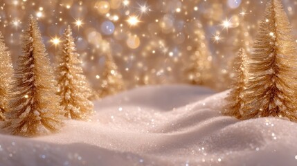 Wall Mural - Golden Christmas trees on a snowy landscape with sparkling bokeh lights in the background, creating a festive and magical winter scene.