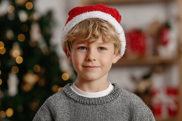 Wall Mural - a young boy with blonde hair wears a santa hat and gray sweater, smiling in front of a blurred chris
