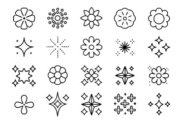 Poster - A primitive collection of abstract star and floral shapes featuring a simple graphic design aesthetic with bold color accents in black yellow cyan and magenta for versatile creative applications