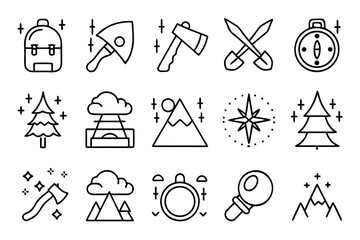 Poster - Comprehensive collection of outdoor exploration and activity symbols featuring camping hiking and nature elements in a vibrant color palette for diverse design applications