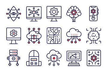Poster - Comprehensive collection of modern line art symbols representing artificial intelligence concepts and digital technology for web and application interfaces presented in a clean minimalist style