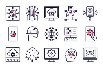 Poster - Collection of modern linear graphic elements representing artificial intelligence concepts for digital interfaces and branding applications