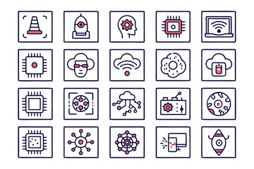 Poster - Collection of stylized line art symbols representing advancements in artificial intelligence and digital technology perfect for modern web interfaces and applications
