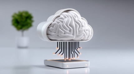 Poster - Ai cloud services concept with brain shaped cloud and digital circuit connections glowing on white background