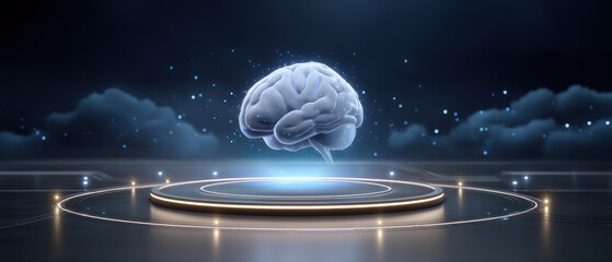 Poster - Artificial intelligence concept with brain floating above futuristic platform and cloud services in digital space