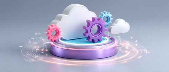 Fototapete - Ai cloud services concept with colorful gear icons and glowing digital elements on futuristic platform