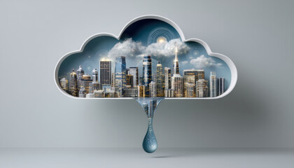 Fototapete - Ai cloud services concept with futuristic cityscape inside cloud shape and digital connection symbols representing technology and innovation