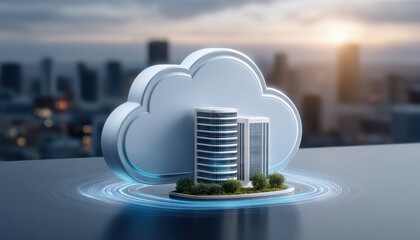 Poster - Ai cloud services concept with modern office building and futuristic digital network connection in cityscape background