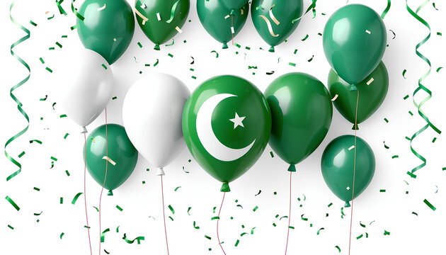 3D rendered set of glossy balloons and confetti in the colors of Pakistan’s flag, for August 14 Independence Day celebration
