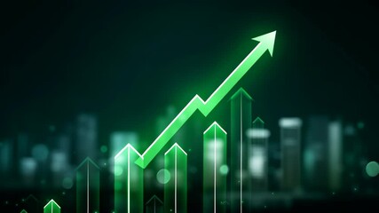 Poster - Global trade small business. Glowing green upward arrow chart dark background symbolizing growth finance success with futuristic dynamic glowing chart and upward growth finance
