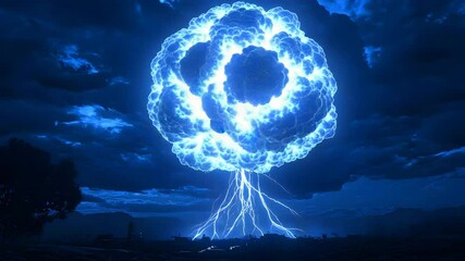 Poster - Intense lightning striking dramatic cloud formation during night sky illuminating the atmosphere